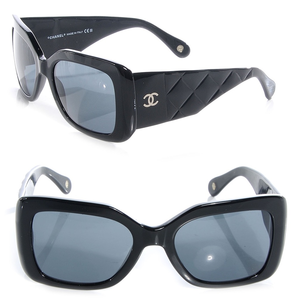 CHANEL Black Quilted Temple Rectangular Sunglasses - image 9